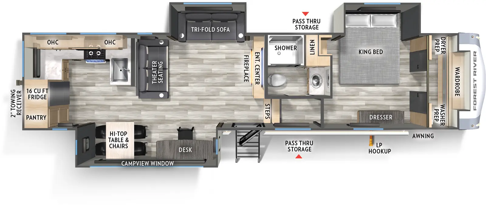 The Cardinal 33CHEF floorplan has one entry and three slide outs. Exterior features include: fiberglass exterior and 15' & 11' awning. Interiors features include: rear kitchen and front bedroom.